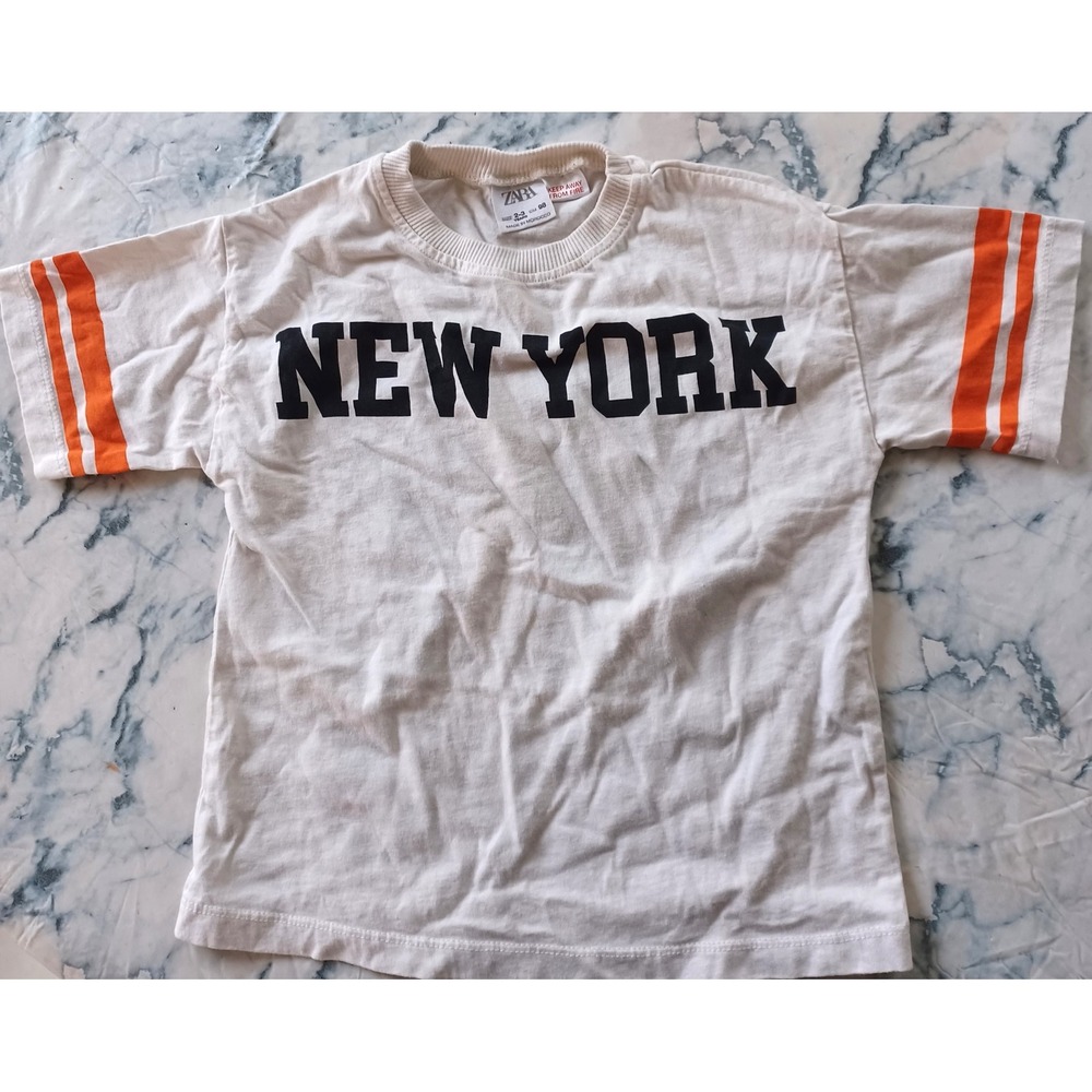 Zara Graphic Tee‎ Kids 2-3 White New York Brooklyn Varsity Stripe Jersey T-Shirt